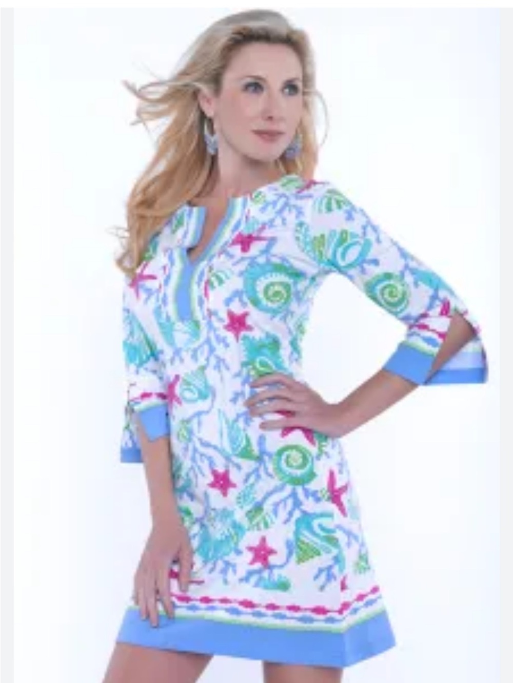 Barbara Gerwit Greenwich White Sea Print Dress - Blue Trim